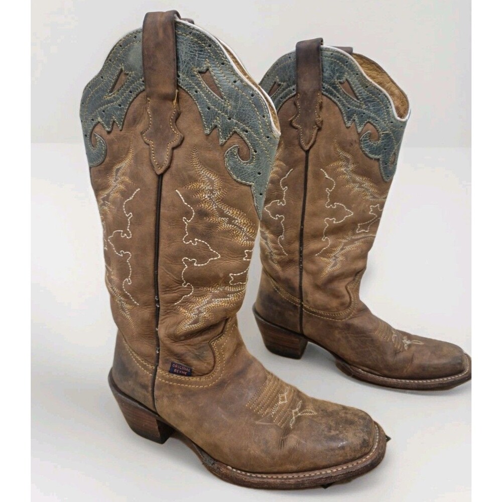 REYME Women's Brown Leather Cowboy Boots Size 8.5B Inlay Square Toe Western